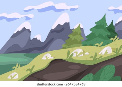 Fundo da natureza com pico de montanha e abeto. Vetor paisagem alpina ou desenho animado natureza pano de fundo com floresta sempre verde e céu nebuloso. Vale selvagem e montanhas ao ar livre vista panorâmica.