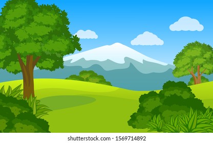 Nature background with mountain and trees and bushes