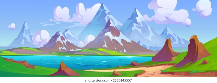 Fondo natural con montañas y lago. Paisaje veraniego del valle de montaña con río, hierba verde, camino, piedras y rocas blancas de nieve picos, ilustración vectorial de dibujos animados