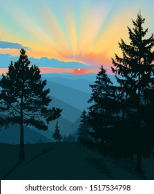 Nature background of mountains panorama. Colorful sunset in wild valley. 