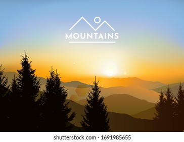 Nature background of mountains panorama. Colorful sunset in wild valley. Windy sky. Brown tones.