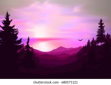 Nature background of mountains panorama. Colorful sunset in wild valley. Windy sky.  Pink and violet tones.