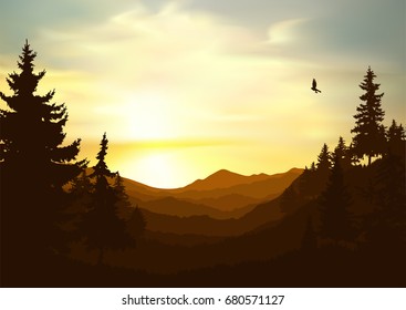 Nature background of mountains panorama. Colorful sunset in wild valley. Windy sky. Brown tones.