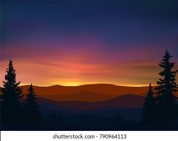 Nature background of mountains panorama. Colorful sunset. Northern lights.  