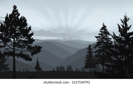 Nature background of mountains panorama. Evening in wild valley.