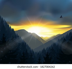 Nature background of mountains panorama. Sunset.