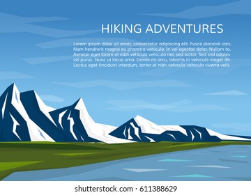 Nature background, mountains, river and grass. Mountaineering and travelling, hiking adventure concept. Climbing, trekking, outdoor vacation or extreme sports banner. EPS10 vector illustration.