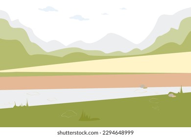 Nature background with mountains, road, rocks, sky and clouds. Vector illustration for decoration, postcards, print, fabric