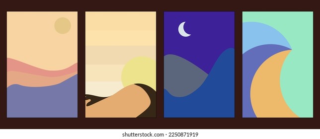 Nature background with natural abstract pattern vector. Abstract template in minimalist style. Mountains, sea, moon, desert and sun background designs.