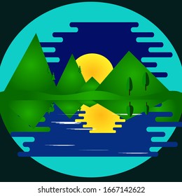 nature background night moon reflection in the water mountains cartoon style stylization vector