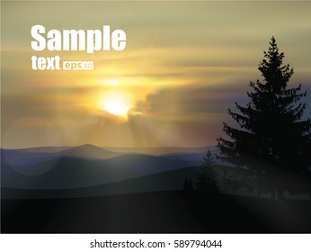  Nature background. Panorama of wild mountains. Pine trees. Sunset. Natural grey and yellow tones.