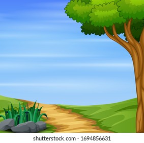 Nature background with path road and big tree