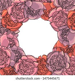 Nature background with peony flowers. Square greeting card template. Doodle style hand drawn stock vector illustration.