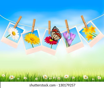 Nature background with photo with flowers and butterfly. Vector illustration.