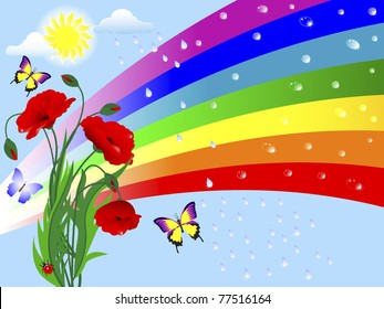 Nature background with a rainbow, poppies and drops. Vector.