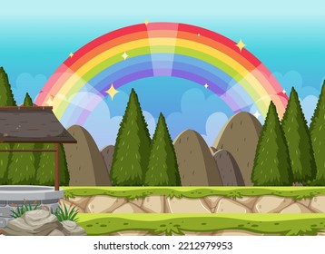 Nature background with rainbow in the sky illustration