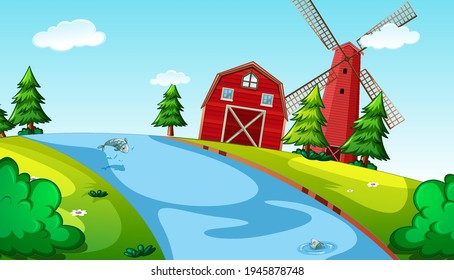 Nature background scene with barn, windmill and river illustration