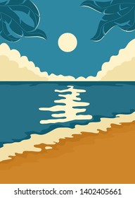 Nature background with sea or ocean, sandy beach, palm leaves and full moon on night sky, illustration.