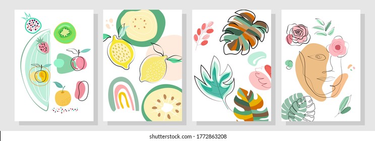 Nature background set of 4, Abstract  Fruits, Leaves and women shapes Collection.  Abstract art banner, poster, print.