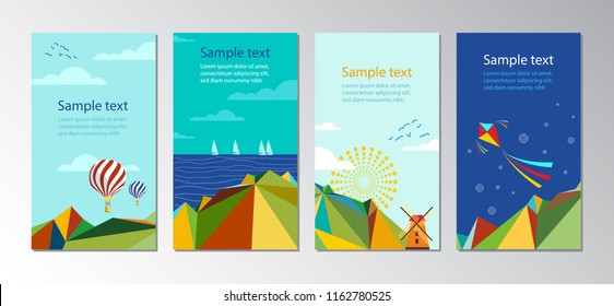 Nature background set with mountains, sea, mill, air balloons, yachts and kite. Can be used for web page, mobile application and wallpaper, print, poster. Vector illustration