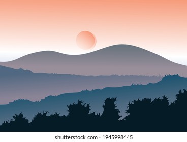 Fondo natural, mostrando montañas, diferentes alturas y sol horizonte, gradiente suave, ilustración del paisaje vectorial para el negocio y el diseño.