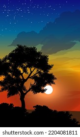 Nature background with silhouette of a tree on sunset sky. Lonely tree in silhouette