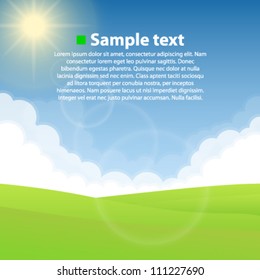 Nature background, Sky cloud cover, Green field, Vector illustration