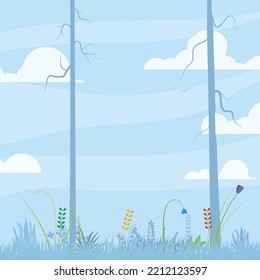 Nature background with spring and summer flowers, trees and blue sky. Clouds and birds on sky background. Spring and summer nature abstract cartoon vector illustration. 
