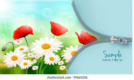 Nature background with summer flowers and open zipper. Vector illustration.
