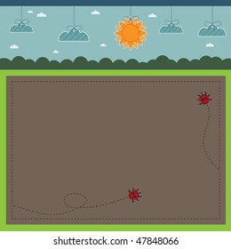 nature background with sun, clouds and ladybirds ready for your text