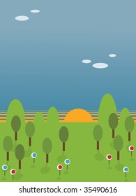 nature background with sun, trees and flowers
