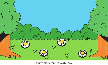 Nature Background sunny day garden with trees and flowers in cartoon retro hand drawn vector illustration