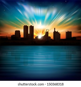 nature background with sunrise and silhouette of city