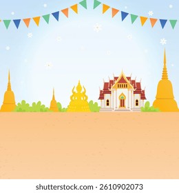 nature background Thai temple, Buddha statue and Sand pagoda for asia and thailand festival illustration landscape design