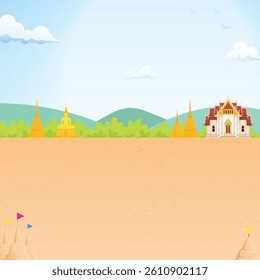 nature background Thai temple, Buddha statue and Sand pagoda for asia and thailand festival illustration landscape design