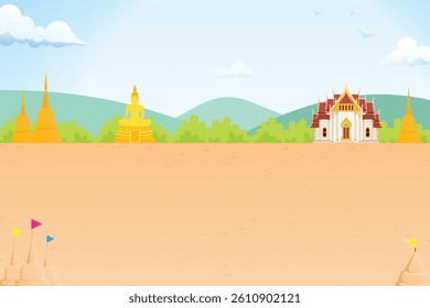 nature background Thai temple, Buddha statue and Sand pagoda for asia and thailand festival illustration landscape design