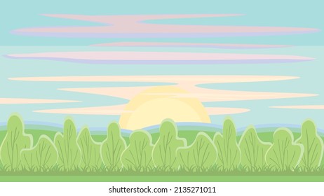 Nature background with trees and sunrise on the horizon, flat vector illustration.