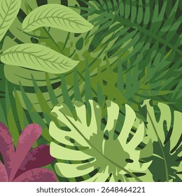 Natureza e fundo. Folhas verdes tropicais, plantas exóticas, flores, fronteira botânica, banner floral, design de cartão. Folhas verdes, jardim exuberante, padrão de botânica. Ilustração de vetor plano