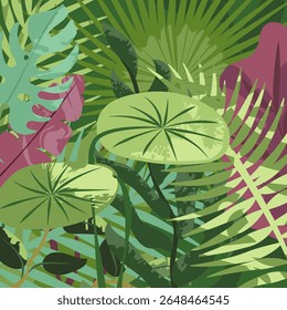 Natureza e fundo. Folhas verdes tropicais, plantas exóticas, flores, fronteira botânica, banner floral, design de cartão. Folhas verdes, jardim exuberante, padrão de botânica. Ilustração de vetor plano