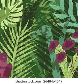 Natureza e fundo. Folhas verdes tropicais, plantas exóticas, flores, fronteira botânica, banner floral, design de cartão. Folhas verdes, jardim exuberante, padrão de botânica. Ilustração de vetor plano