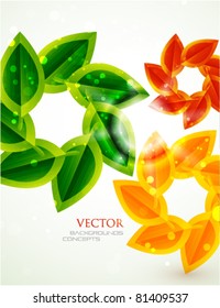 Nature background. Vector color leaves. Connecting orange autumn leaf with green summer leaf