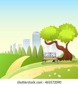 Nature background vector illustration. Bench under tree with city behind.