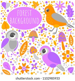 Nature Background vector illustration with flat birs, leaves, mushrooms