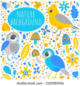 Nature Background vector illustration with flat birs, leaves, mushrooms
