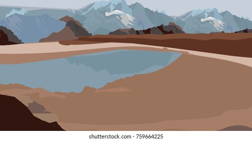 Nature background vector illustration. Lake among mountains Wallpaper. Landscape with mountains and lake