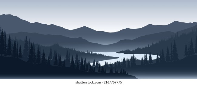 Nature background vector illustration, mountain and river landscape.