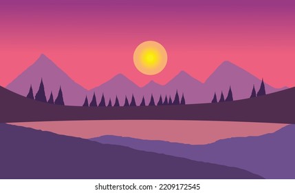 Fondo natural. Ilustración vectorial. con siluetas de montaña y río de montaña.