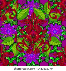 Nature background. Vector illustration. Spring wrapping paper. Hand drawn leaves seamless pattern. Leaves on a purple, red and green colors.