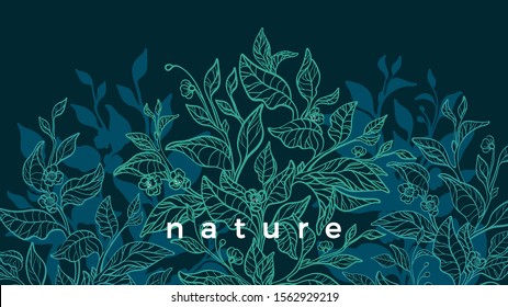 Nature background. Vector tea buch, branch. Art vintage illustration. Botanical plant in garden, green leaf, foliage, flower in bloom. Organic graphic ornate card. Bio fresh harvest 