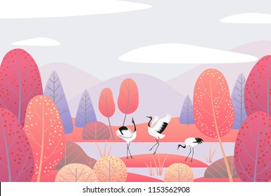 Nature background with wetland landscape  and dancing Japanese cranes. Autumn scene  with mountains, clouds,  red trees and birds.  Vector flat naive illustration. 